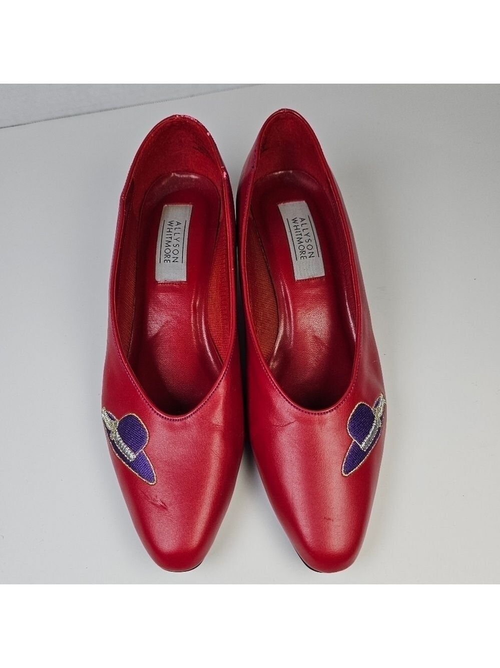Vintage Allyson Whitmore Red Pumps with Purple Hat Design - Picture 7 of 10